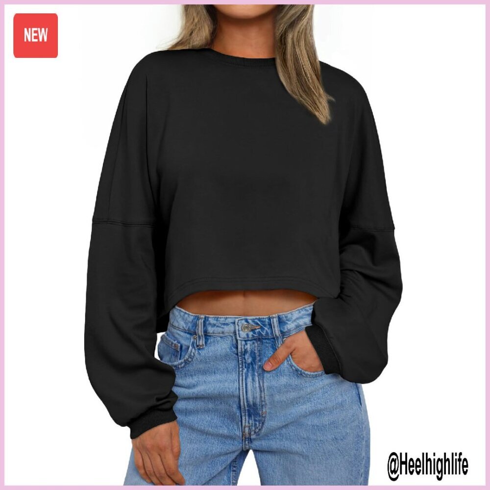 Cropped Sweatshirt Women's Oversized Crewneck Long Sleeve Cotton Spandex